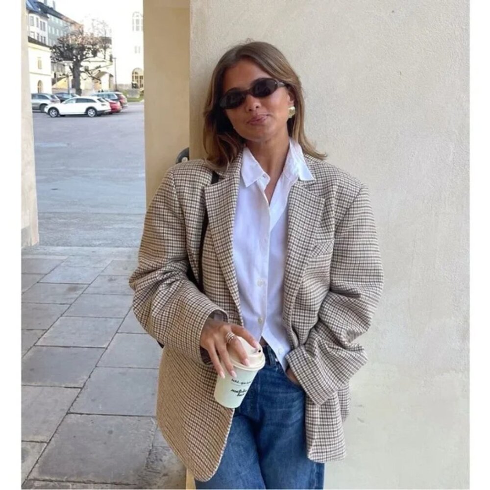 Djerf Avenue The Weekend Blazer in Oatmeal Check Size XL